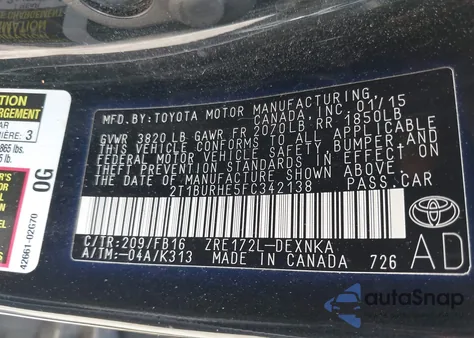 2015 Toyota Corolla из США, поврежденный, VIN 2T1BUR8E5FC342138